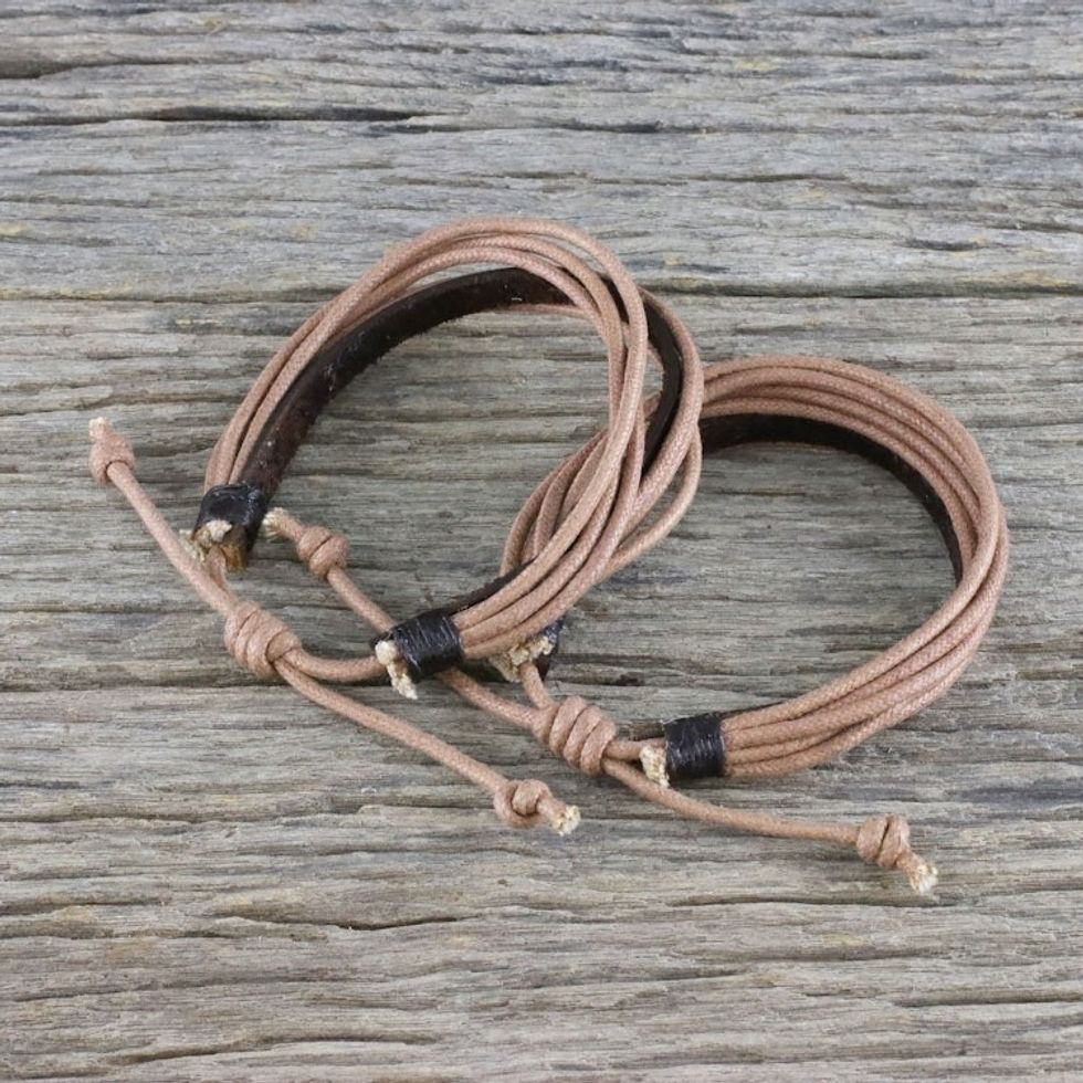 Pair of Men's Leather Cord Wristband Bracelets from Thailand 'Bold Espresso Contrast'