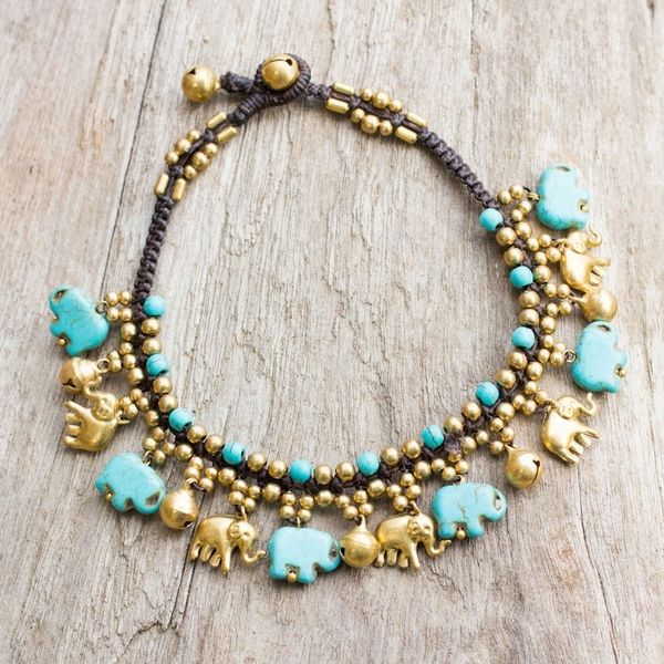 Alternate image for Brass Elephant Anklet with Blue Calcite and Jingling Bells Elephant Parade