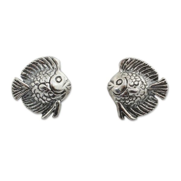 Alternate image for Small Fish Button Earrings in Sterling Silver Happy Fish