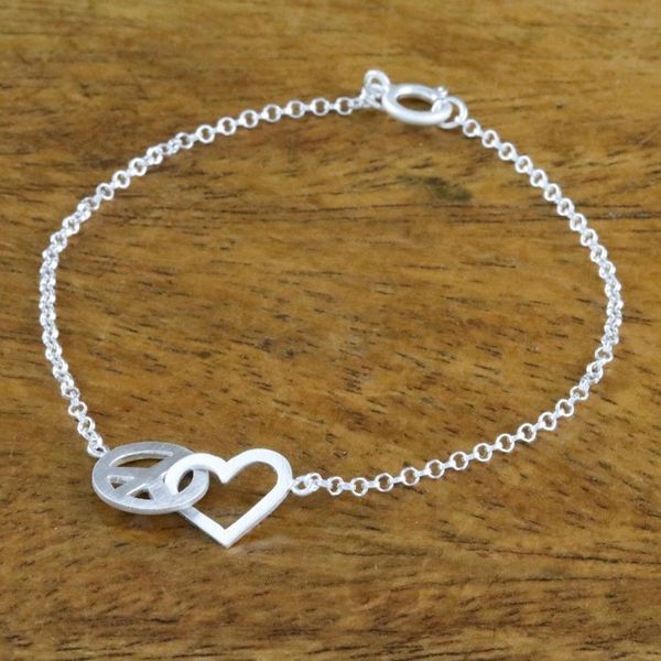 Alternate image for Heart and Peace Sterling Silver Pendant Wristband Bracelet Love for All