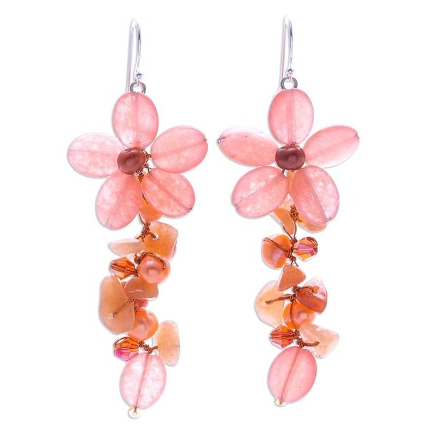 Alternate image for Aventurine and Cultured Pearl Floral Earrings Petal Passion in Orange
