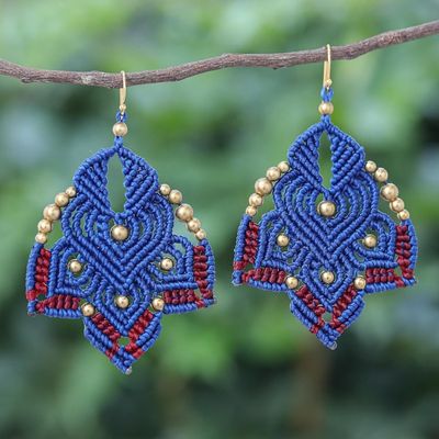 Alternate image for Hand-Knotted Macrame Earrings with Brass Beads Boho Daisy in Blue
