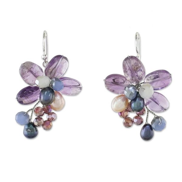 Alternate image for Amethyst and Cultured Pearl Earrings from Thailand Elegant Flora