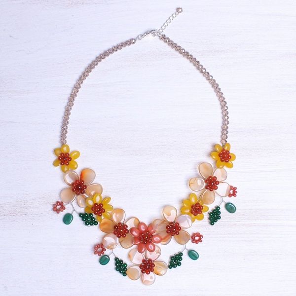 Alternate image for Hand Threaded Carnelian and Agate Statement Necklace Flower Bed in Orange