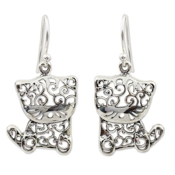 Alternate image for Sterling Silver Cat Earrings Filigree Kitten
