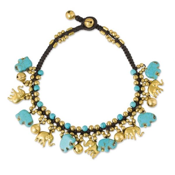 Alternate image for Brass Elephant Anklet with Blue Calcite and Jingling Bells Elephant Parade
