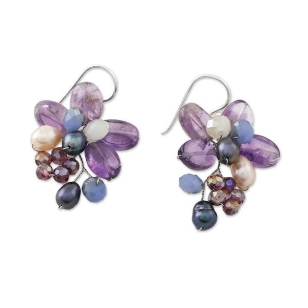 Alternate image for Amethyst and Cultured Pearl Earrings from Thailand Elegant Flora