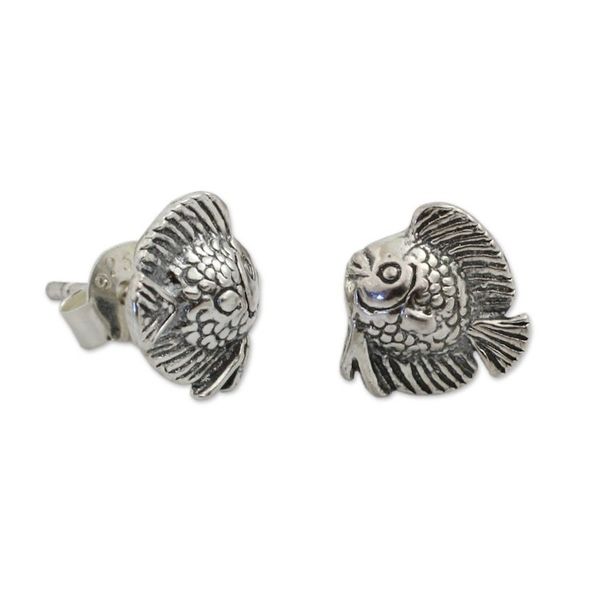 Alternate image for Small Fish Button Earrings in Sterling Silver Happy Fish