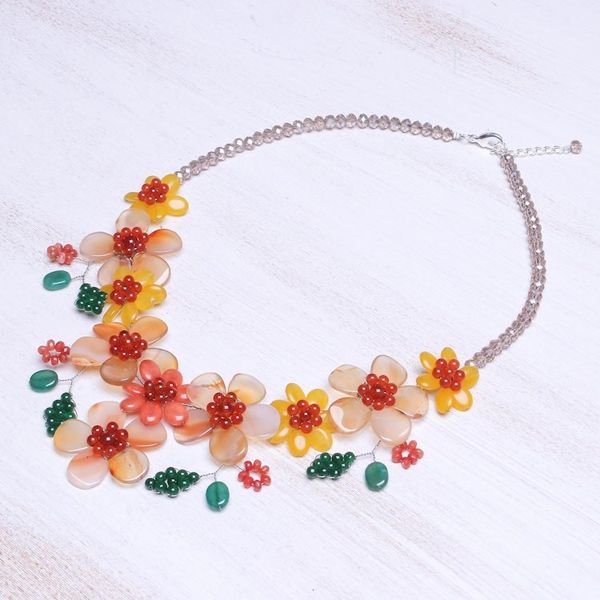 Alternate image for Hand Threaded Carnelian and Agate Statement Necklace Flower Bed in Orange
