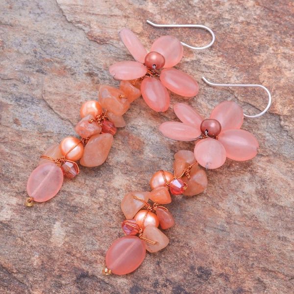 Alternate image for Aventurine and Cultured Pearl Floral Earrings Petal Passion in Orange