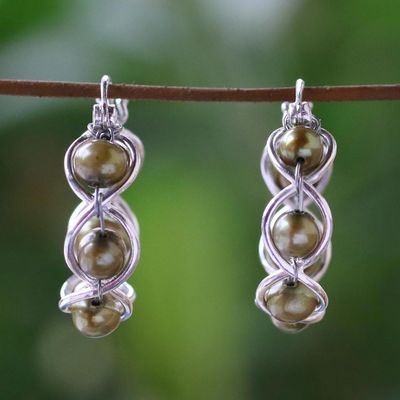 Alternate image for Green Cultured Pearl and 925 Silver Earrings from Thailand Cloud Twist in Green