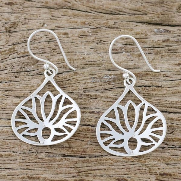 Alternate image for Lotus-Shaped Sterling Silver Dangle Earrings from Thailand Shimmering Lotus
