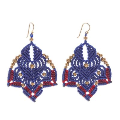 Alternate image for Hand-Knotted Macrame Earrings with Brass Beads Boho Daisy in Blue