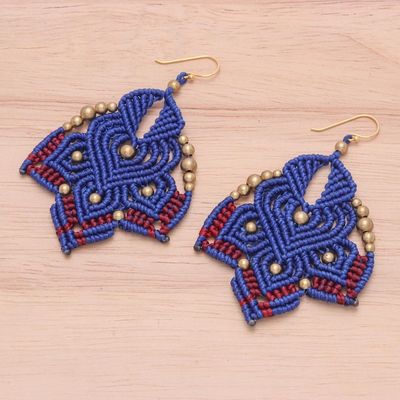 Alternate image for Hand-Knotted Macrame Earrings with Brass Beads Boho Daisy in Blue