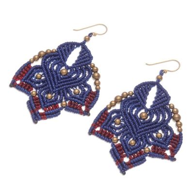 Alternate image for Hand-Knotted Macrame Earrings with Brass Beads Boho Daisy in Blue
