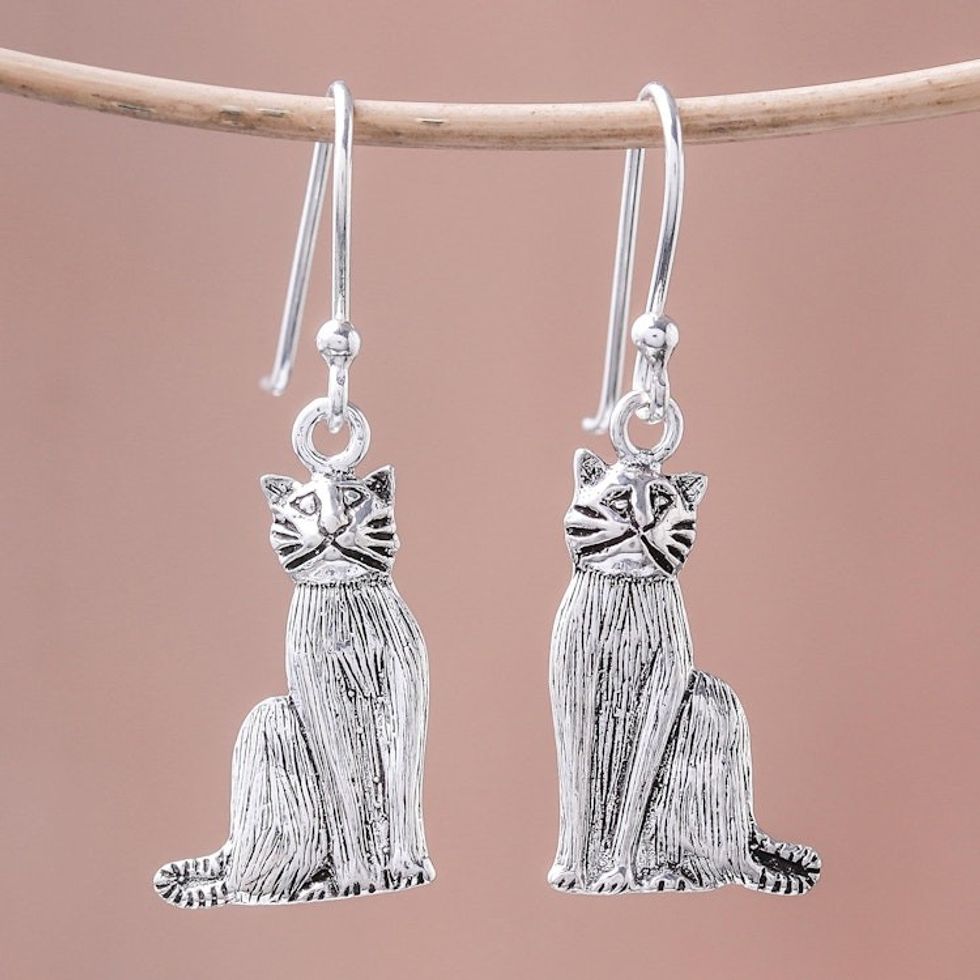 Sterling Silver Cat Dangle Earrings from Thailand 'Mister Cat'