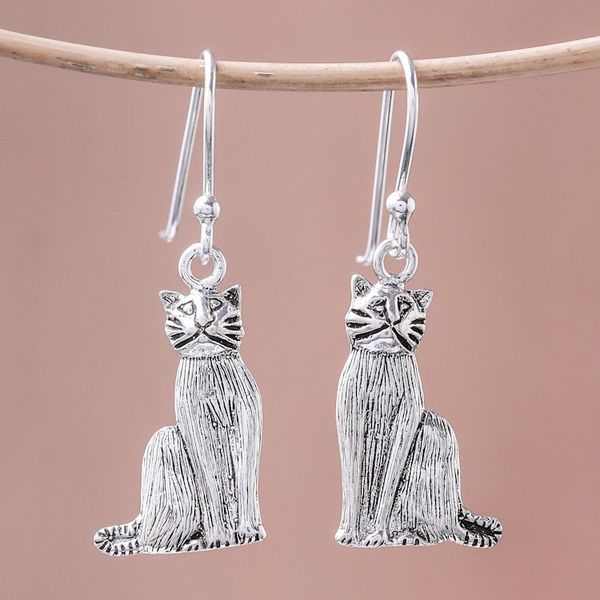 Alternate image for Sterling Silver Cat Dangle Earrings from Thailand Mister Cat