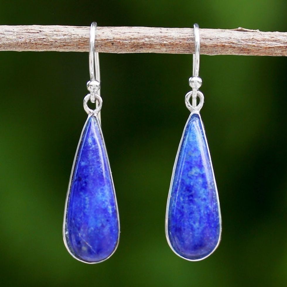 Lapiz Lazuli  Sterling Silver Dangle Earrings from Thailand 'Morning Raindrops'