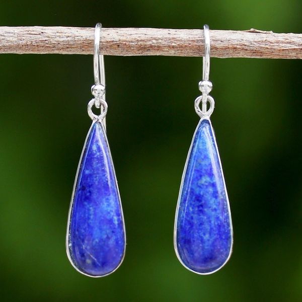 Alternate image for Lapiz Lazuli  Sterling Silver Dangle Earrings from Thailand Morning Raindrops
