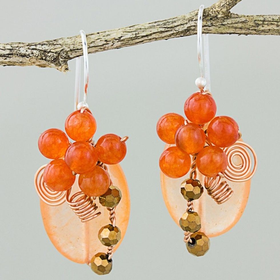 Orange Quartz and Glass Bead Dangle Earrings with Copper 'Garden Bliss in Orange'