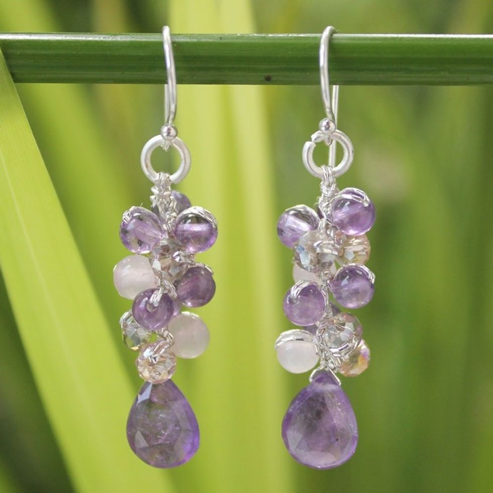 Amethyst and Quartz Beaded Earrings 'Purple Pink Glam'