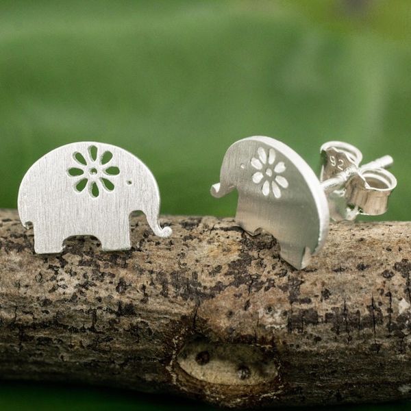 Alternate image for Handmade Elephant Stud Earrings in Sterling Silver Blooming Elephants