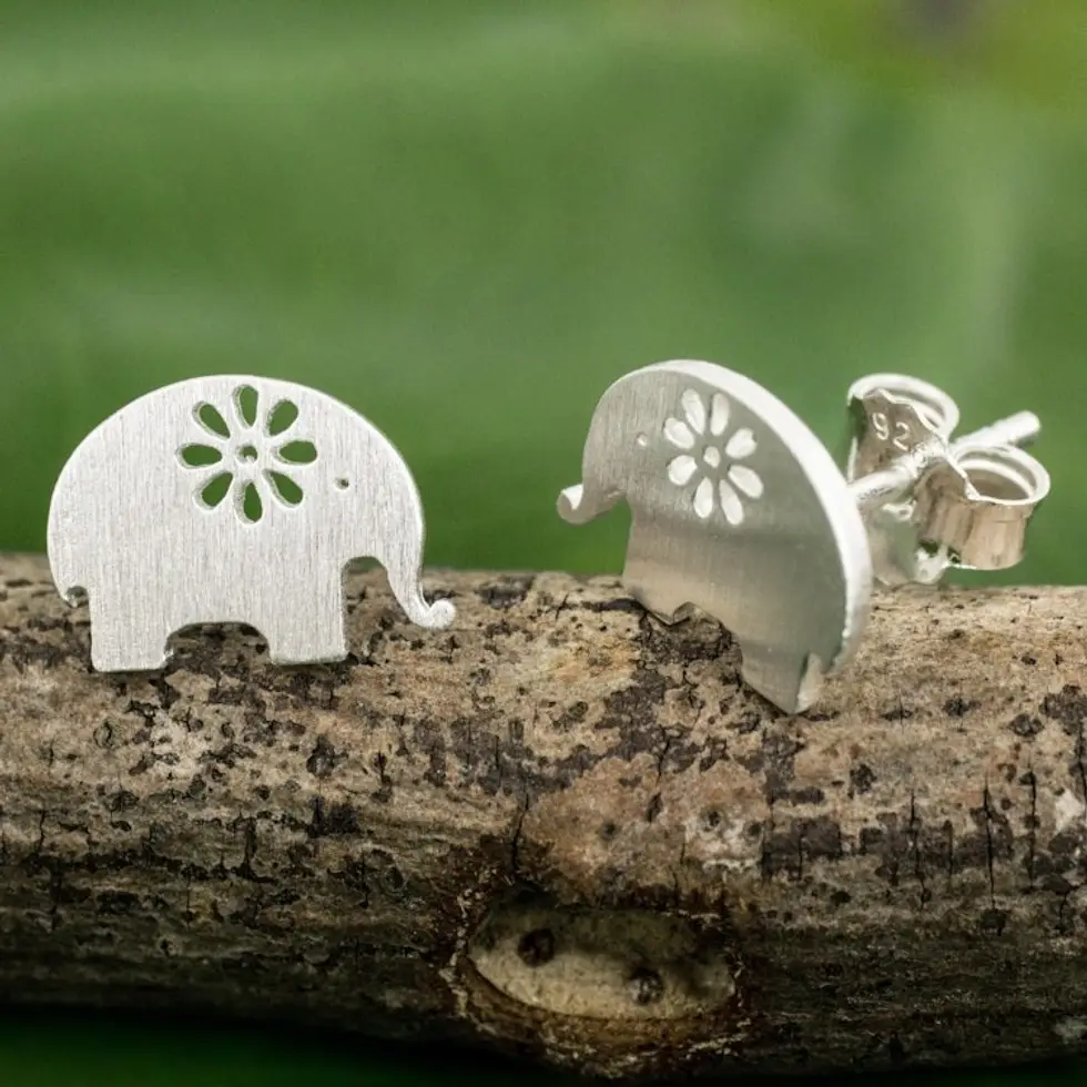 Handmade Elephant Stud Earrings in Sterling Silver 'Blooming Elephants'