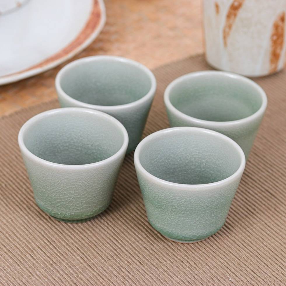 Set of Four Handcrafted Crackled Green Ceramic Tea Cups 'Green Moments'