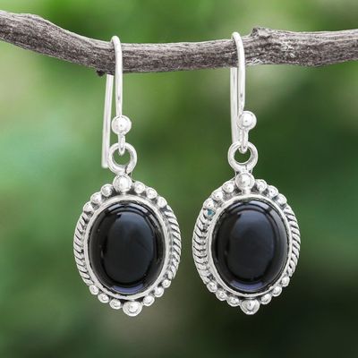 Alternate image for Black Onyx Cabochon Sterling Silver Dangle Earrings Cool Moon