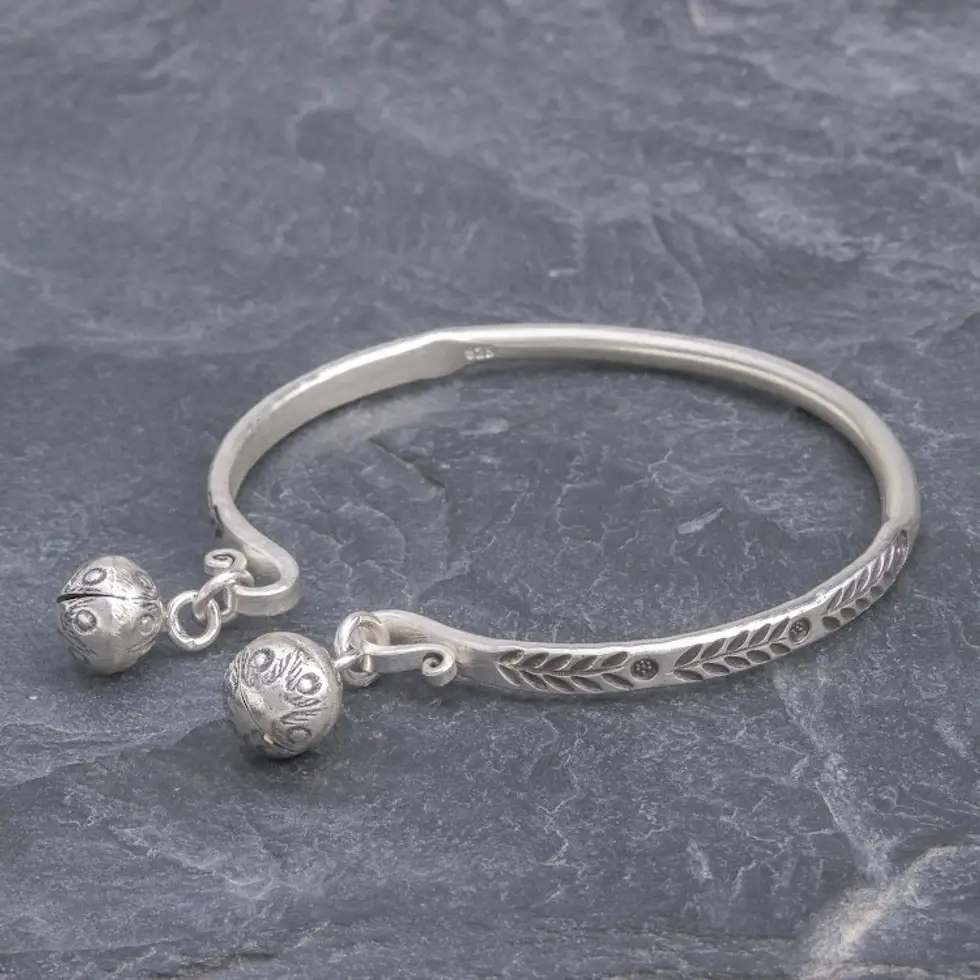 Sterling Silver Cuff Bracelet with Karen Hill Tribe Bells 'Forest Song'