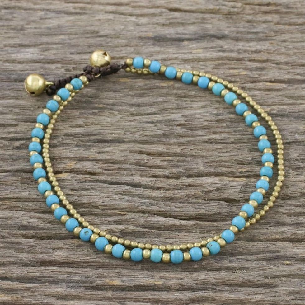Brass and Calcite Beaded Anklet from Thailand 'Ringing Beauty'