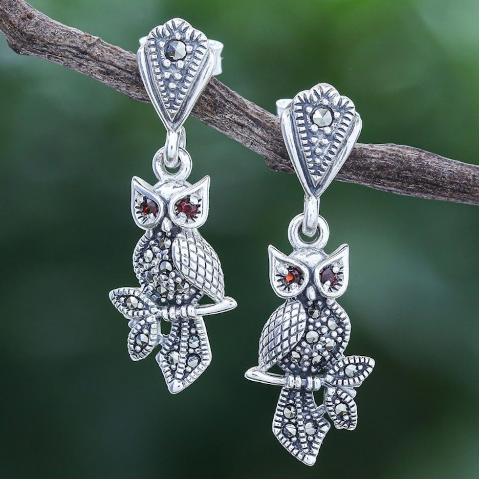 Sterling Silver Marcasite and Garnet Owl Dangle Earrings 'Omniscient Owl'