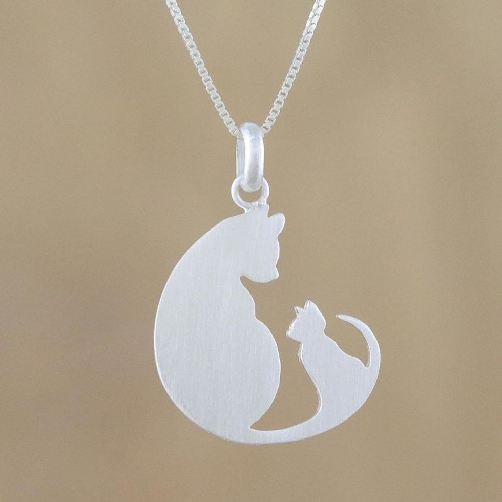 Sterling Silver Pendant Necklace of Two Cats from Thailand 'Feline Love'