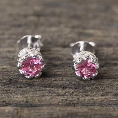 Alternate image for Rhodium Plated Pink Tourmaline Stud Earrings from Thailand Brilliant Splendor