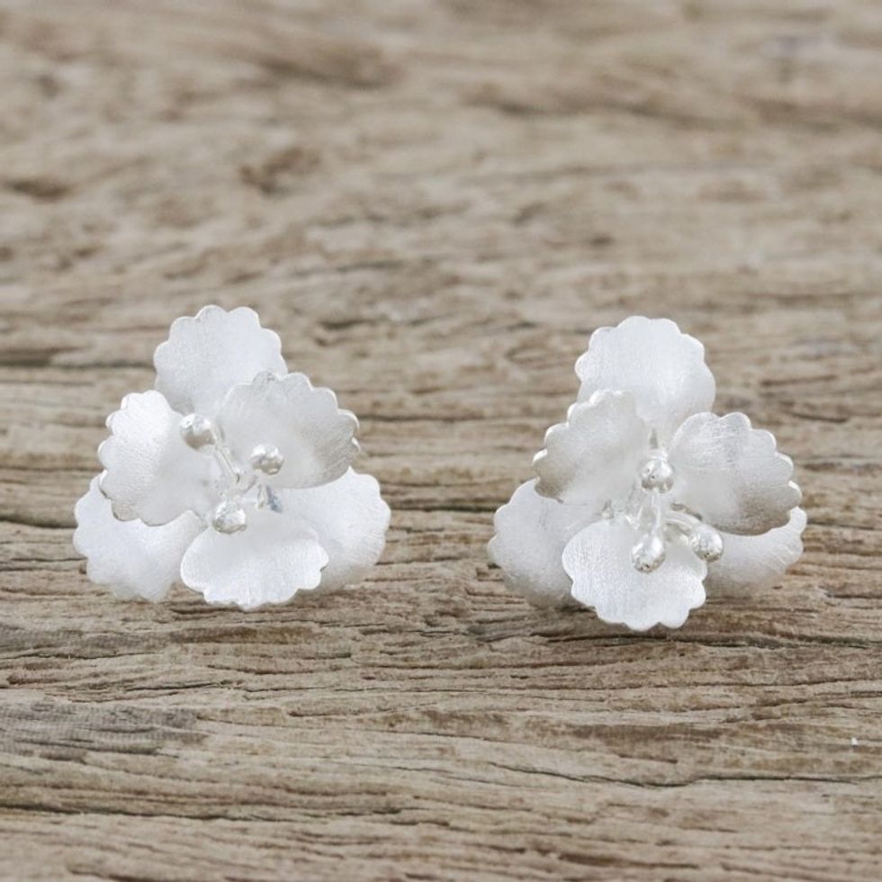 Floral Sterling Silver Button Earrings from Thailand 'Petite Blossoms'