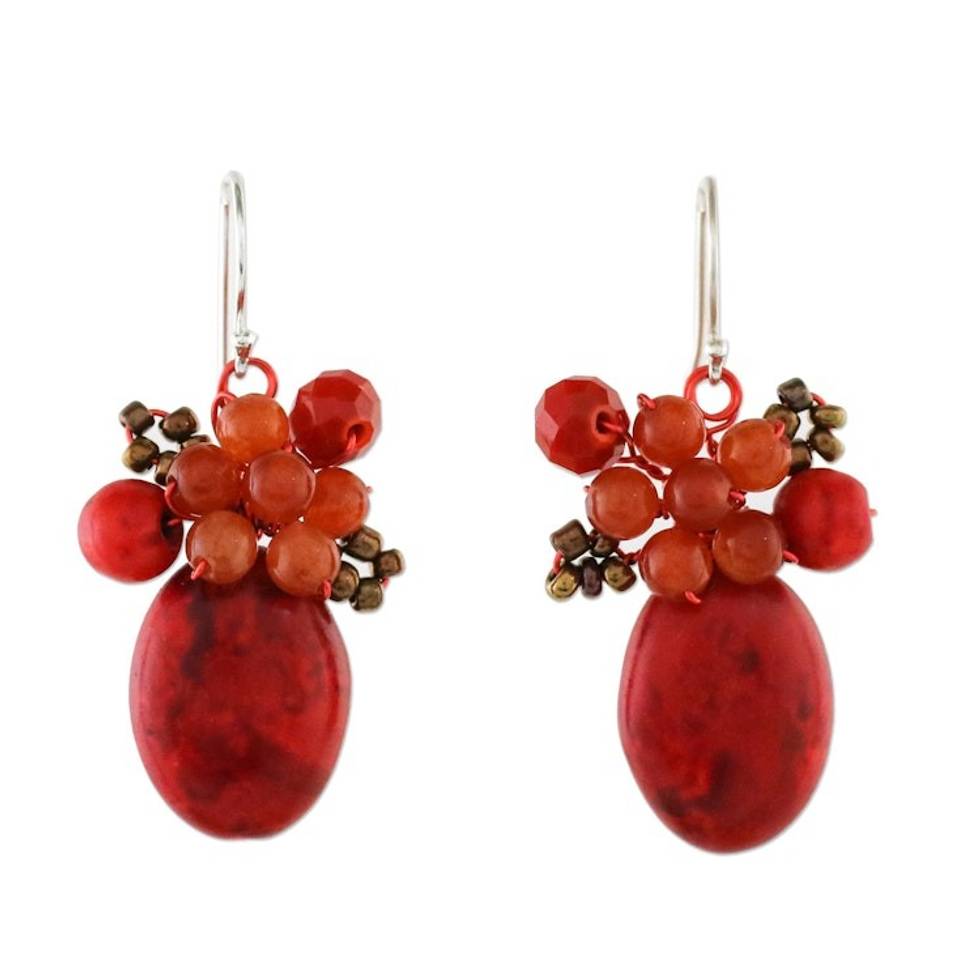 Modern Thai Cluster Earrings with Red Quartz and Calcite 'Bright Holiday Dreams'