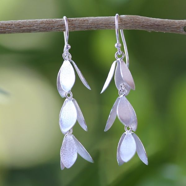 Alternate image for Sterling Silver Waterfall Leaf Earrings Handmade in Thailand Leaves for All Seasons