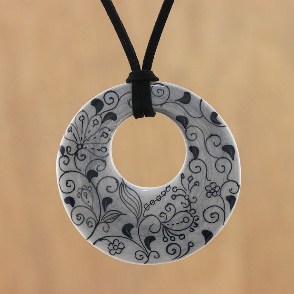 Ceramic Handmade Floral Black and White Pendant Necklace 'Flower Lines'