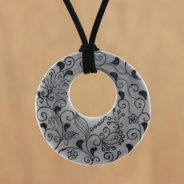 Alternate image for Ceramic Handmade Floral Black and White Pendant Necklace Flower Lines