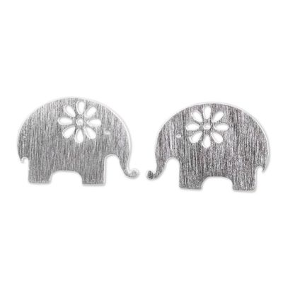 Alternate image for Handmade Elephant Stud Earrings in Sterling Silver Blooming Elephants