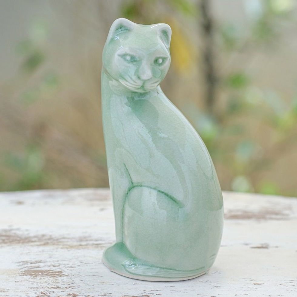 Green Celadon Ceramic Cat Figurine Hand-Crafted in Thailand 'Beautiful Cat'