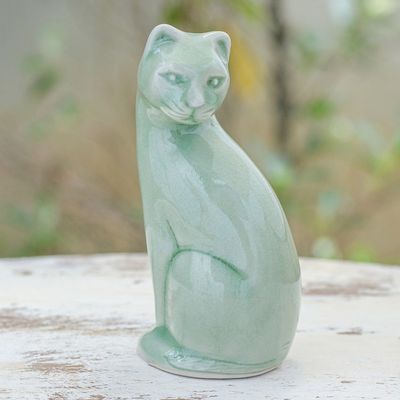 Alternate image for Green Celadon Ceramic Cat Figurine Hand-Crafted in Thailand Beautiful Cat