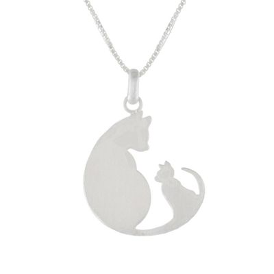 Alternate image for Sterling Silver Pendant Necklace of Two Cats from Thailand Feline Love