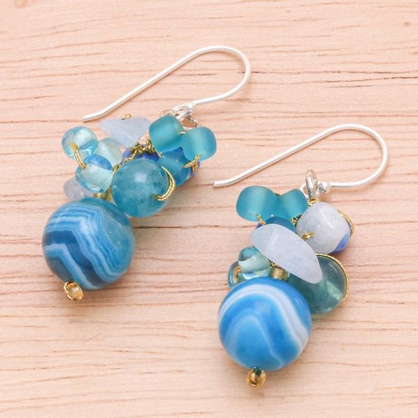 Alternate image for Blue Quartz and Glass Bead Dangle Earrings from Thailand Lovely Blend in Blue