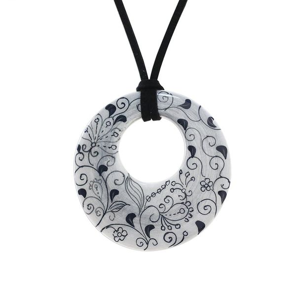 Alternate image for Ceramic Handmade Floral Black and White Pendant Necklace Flower Lines