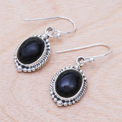 Alternate image for Black Onyx Cabochon Sterling Silver Dangle Earrings Cool Moon
