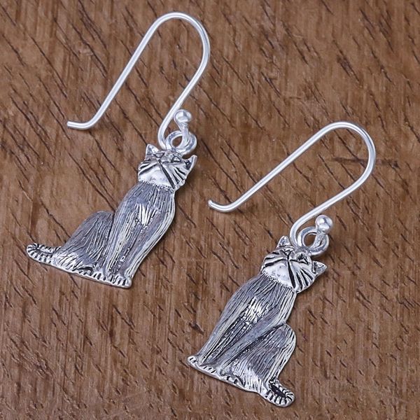 Alternate image for Sterling Silver Cat Dangle Earrings from Thailand Mister Cat