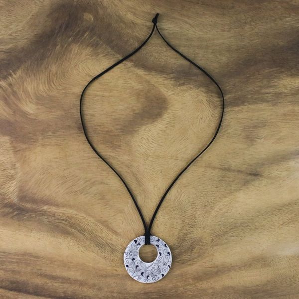 Alternate image for Ceramic Handmade Floral Black and White Pendant Necklace Flower Lines