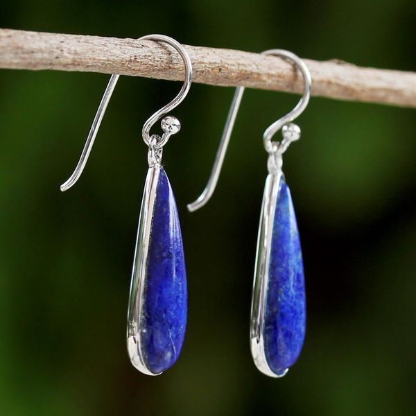 Alternate image for Lapiz Lazuli  Sterling Silver Dangle Earrings from Thailand Morning Raindrops