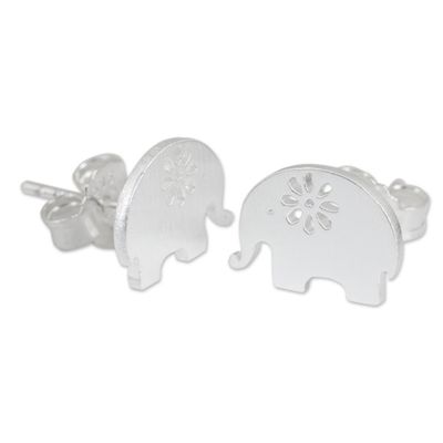 Alternate image for Handmade Elephant Stud Earrings in Sterling Silver Blooming Elephants